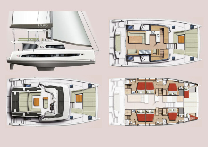 Sleek catamaran design with layouts