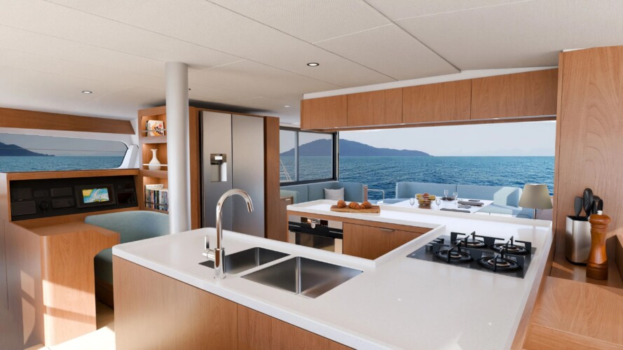 Modern kitchen with ocean view.