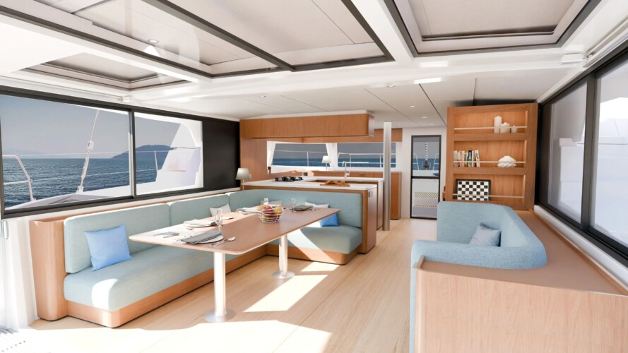 Modern yacht interior with dining area